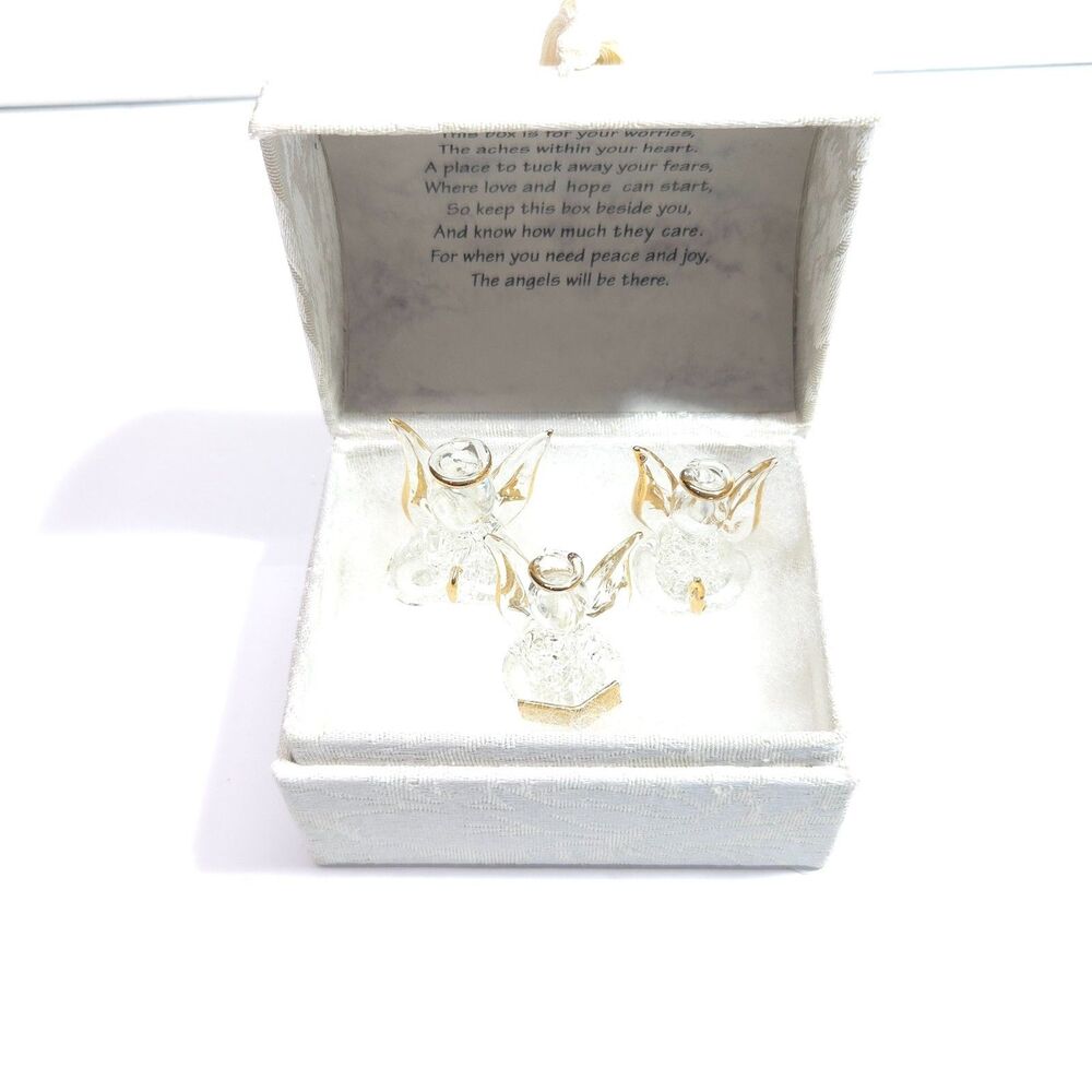 Angel Worry Box Decorative Container With 3 Clear & Gold Glass Angel Figurines